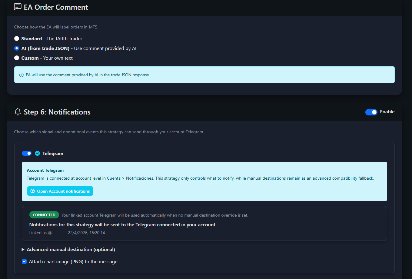 Telegram connection in The fAIfth Trader™